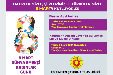 Çaycuma'da kadınlar Eğitim-Sen'in çağrısıyla 8 Mart'ta yan yana geliyor